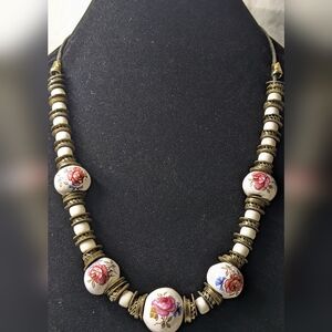 Porcelain Bead Necklace, Transfer Rose Image, Leather Cord, Brassy Metal Spacers